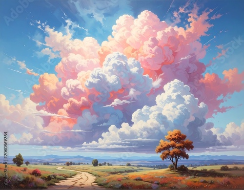 Vibrant cumulus clouds over open landscape with lone tree and winding path