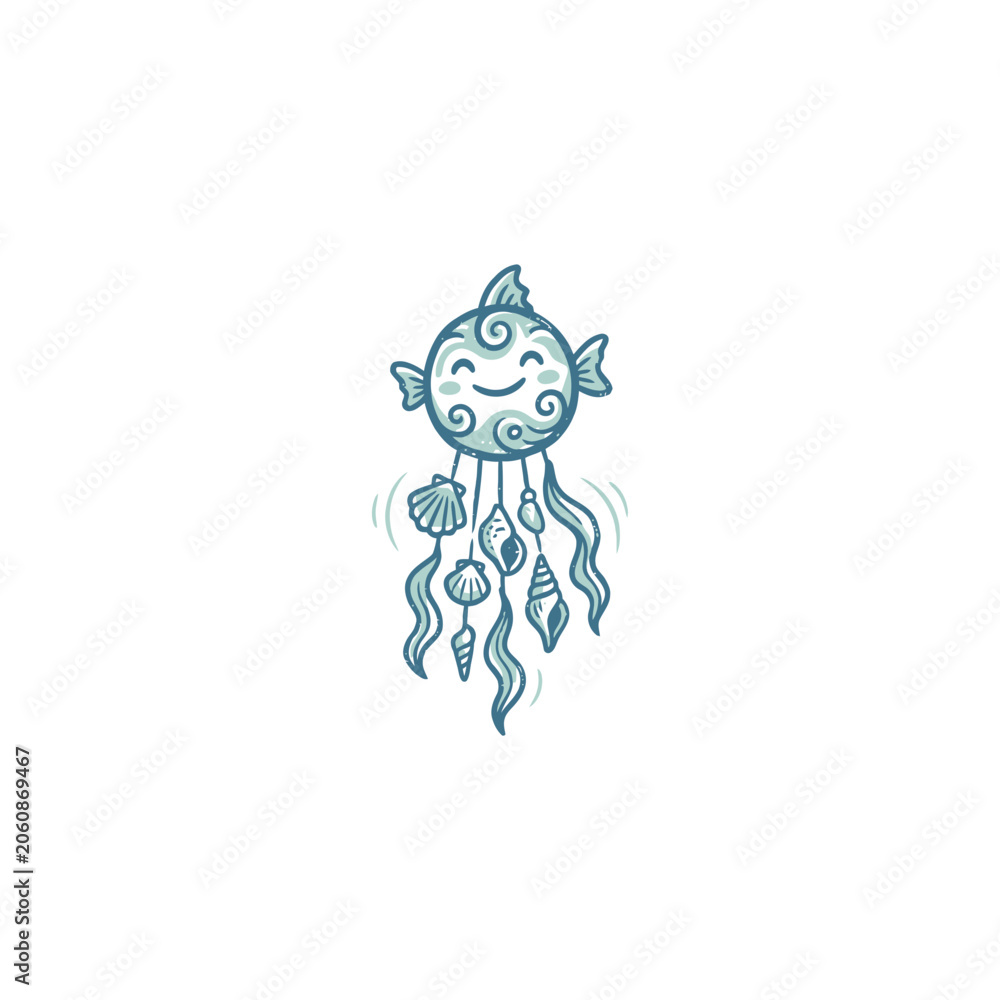 Fototapeta premium Playful Kawaii Ocean Wind Chime Mascot With Smiling Face, Hanging Seashells, Seaweed Strands And Colorful Beads, Hand‑Drawn Bold Outline Vector Illustration