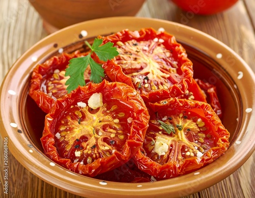 Sun dried tomato halves in a rustic clay bowl on wooden surface