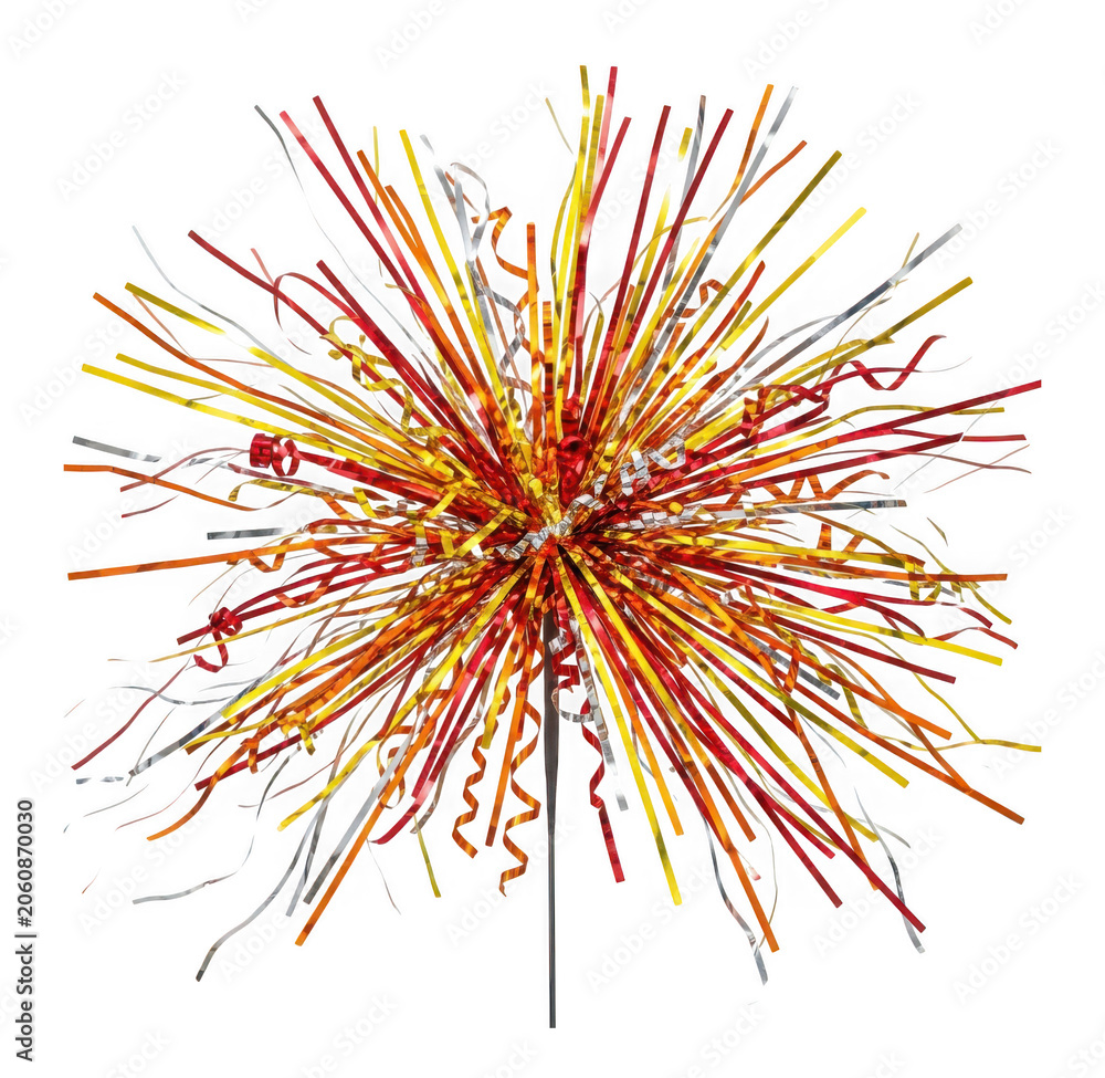 Fototapeta premium Festive fireworkshaped party decoration made of shiny red, orange, yellow, and silver metallic tinsel isolated on transparent background