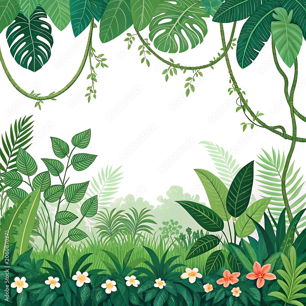 Naklejka premium Lush tropical foliage frame with monstera and palm leaves vector illustration