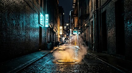 Moody night city alley with rising steam and glowing neon signs
