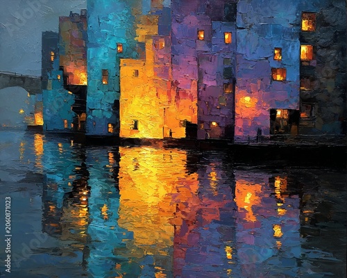 Vibrant Cityscape Reflection - An Impressionistic Night Scene with Colorful Buildings.