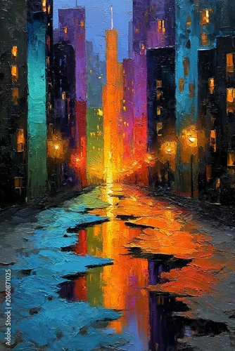 Vibrant Cityscape Reflection - A Colorful Impressionistic Urban Scene.