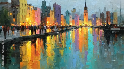 Vibrant Cityscape Reflection - An Impressionistic Painting of Urban Nightlife.
