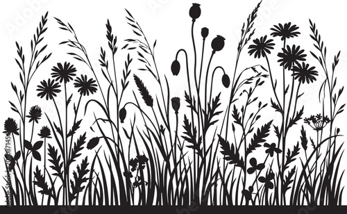 Black Wildflower Meadow Silhouette - Meadow Grasses and Flowers Vector Border