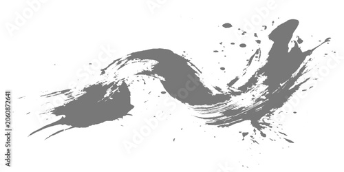 A minimalist black ink brush stroke sweeping in a smooth arc, with textured edges and fading bristle marks on a clean white texture background vector.	
