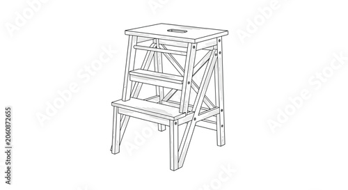 Detailed line art illustration of a wooden stepladder stool for domestic use, reaching heights, and home improvement.
