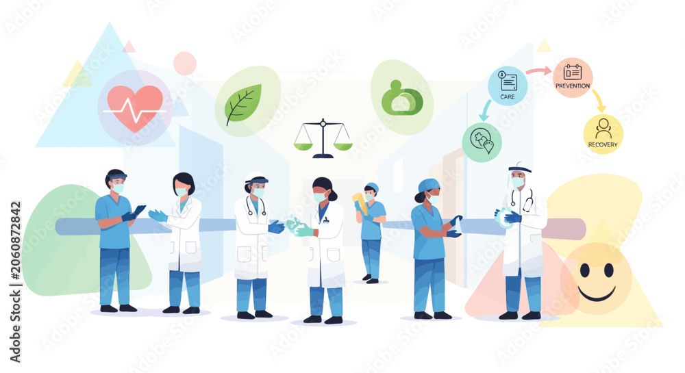 Fototapeta premium Healthcare teamwork, medical professionals, hospital corridor, health icons, health journey