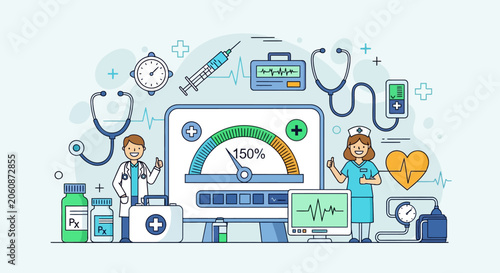 Healthcare Technology Concept: Doctor Nurse, Monitor, Medical Equipment & Icons