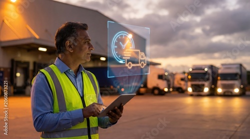 India Logistics and Supply Chain Concept: Indian Logistics Operator with Floating Holographic Clock and Cargo Truck Icons in Front of Warehouse