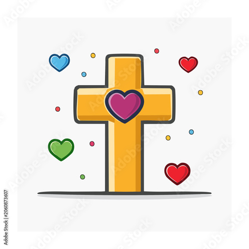 Christian cross with heart and colorful dots