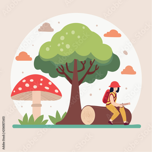 Child in forest with backpack and mushroom