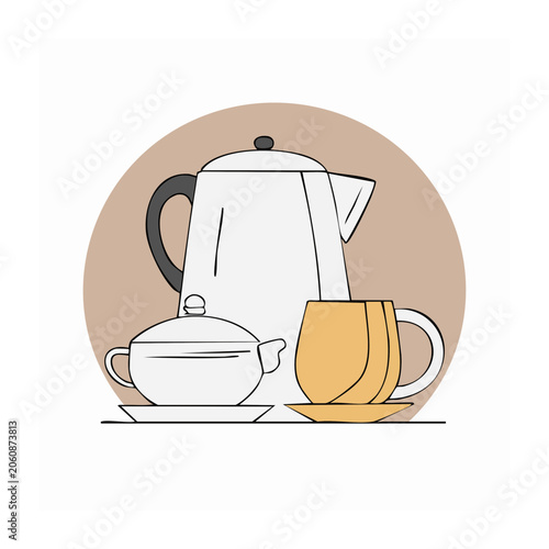 Flat design illustration of a coffee set with teapot and cup