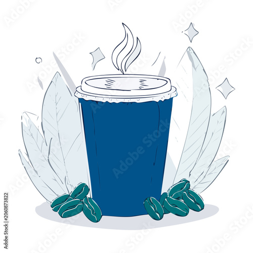 Flat design illustration of a blue paper coffee cup with steam