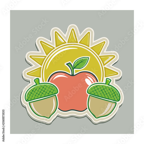 Flat design illustration of apple and acorns with sun