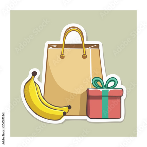 Flat design illustration of shopping bag with bananas and gift box