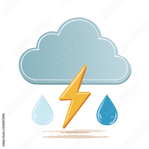 Flat design thunderstorm icon with cloud, lightning, and raindrops