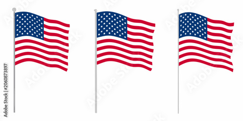 Quadro su tela Three American Flags On Flagpoles A Vector Illustration With A White Background