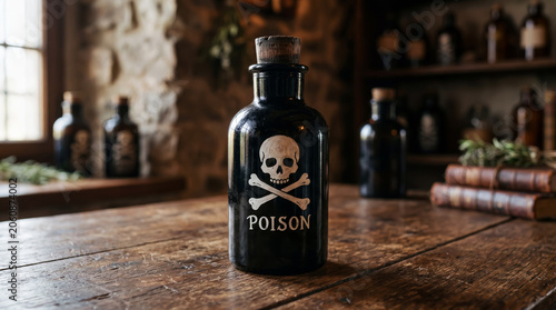 Black Poison Bottle with Skull Symbol in Mysterious Laboratory