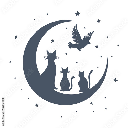 Silhouette of cats on crescent moon with bird and stars
