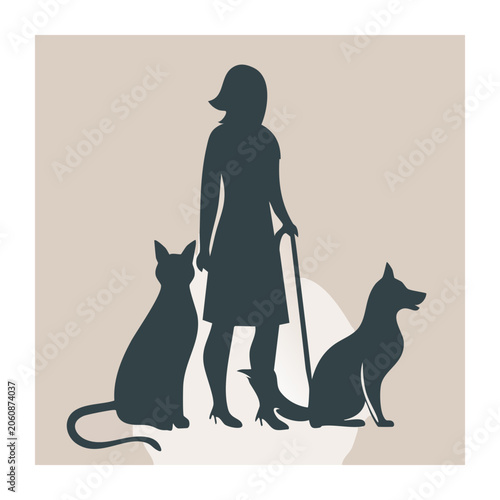 Silhouette of woman walking with cat and dog