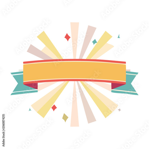 Colorful empty banner with rays and confetti