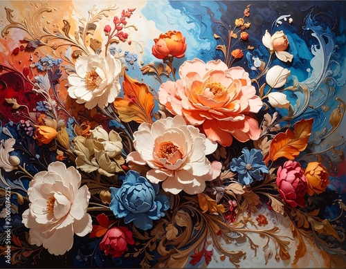 Vibrant floral still life oil painting with colorful roses and ornate background