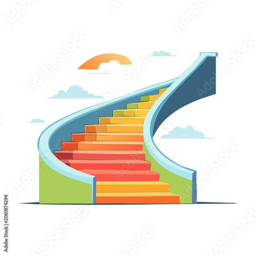 Colorful staircase leading up towards the sun and clouds