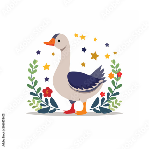 Flat Design Illustration of a Goose with Flowers and Stars