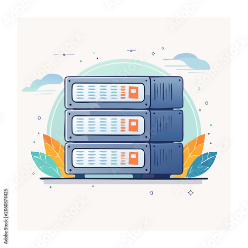 Flat design illustration of a server rack with clouds and leaves