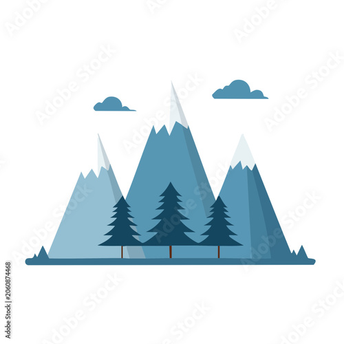 Flat design mountain landscape with pine trees and clouds