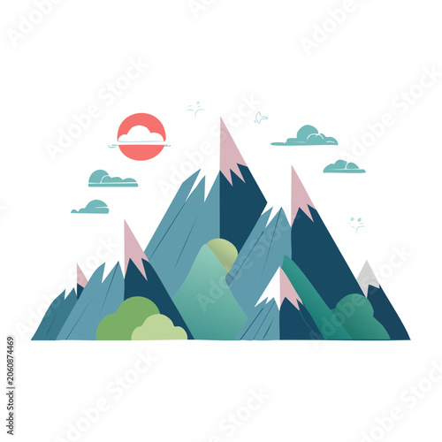 Flat design mountain landscape with sun and clouds