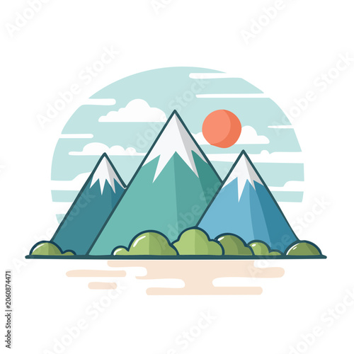 Flat design illustration of mountains with sun and clouds
