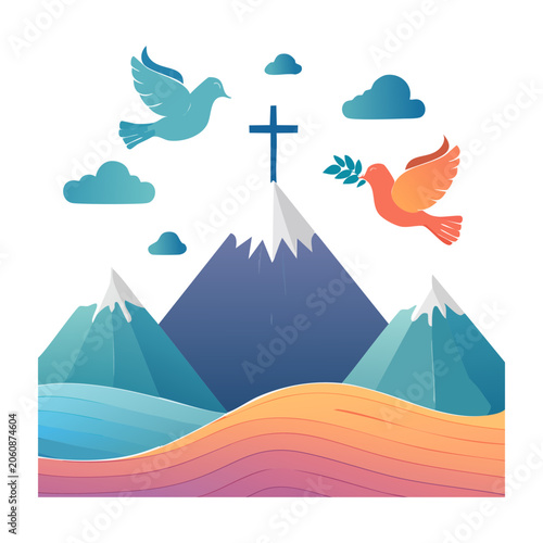 Peaceful scene with doves, cross on mountain, and clouds