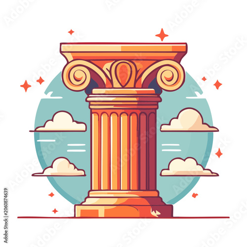 Stylized Ionic column with clouds and stars
