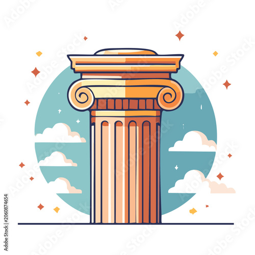 Stylized Ionic Column with Clouds and Stars