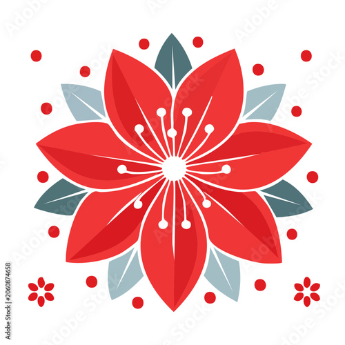 Stylized red flower with leaves and dots on white background