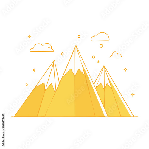 Stylized yellow mountains with clouds and stars