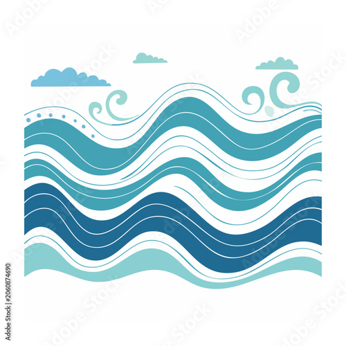 Stylized ocean waves and clouds illustration