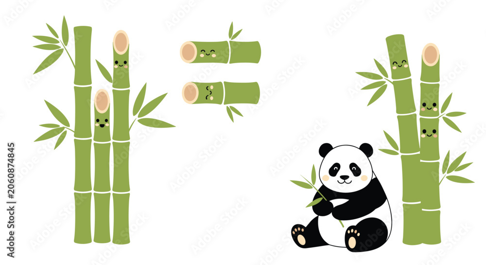 Fototapeta premium Adorable giant panda bear sitting next to several green bamboo stalks, some of which feature cute smiling animated faces.