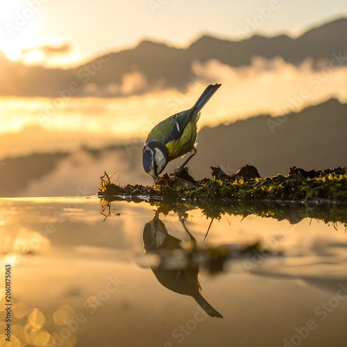Small bird drinking water at dawn with golden sunset reflection on lake surface