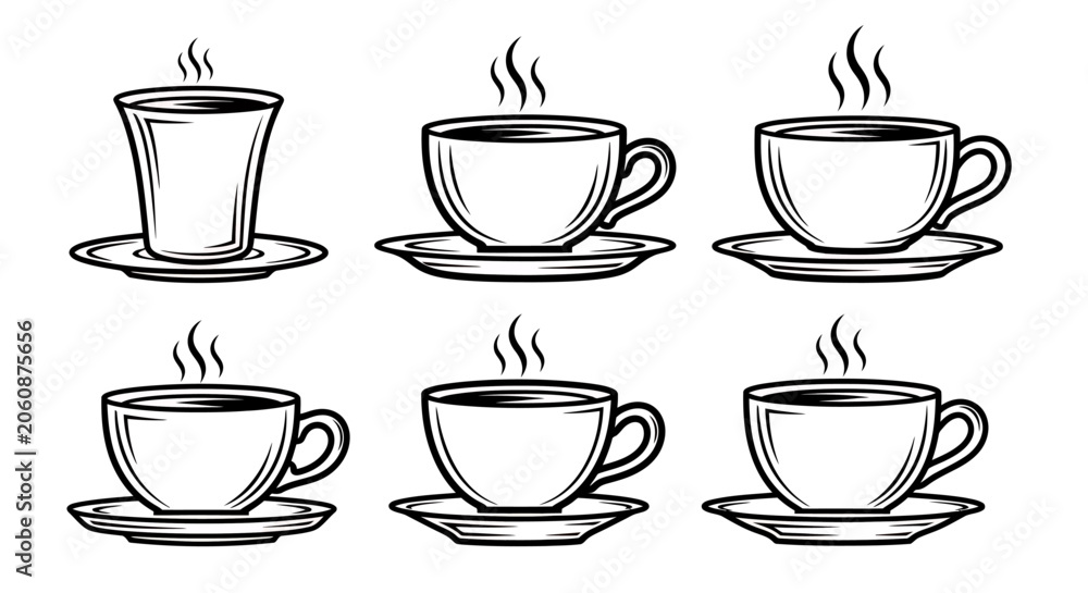 Fototapeta premium Six steaming cups on saucers: a set of hand-drawn coffee or tea illustrations for beverages.