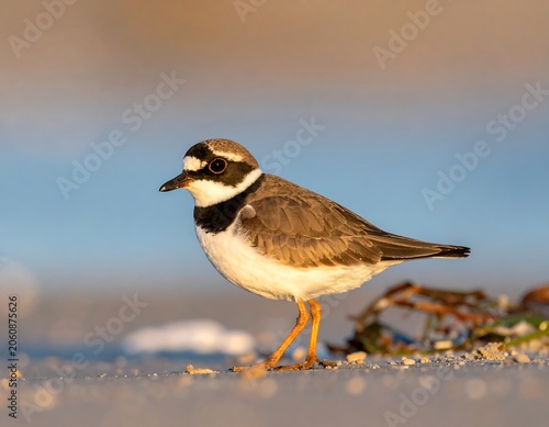 Small shorebird standing on sandy beach with ocean background