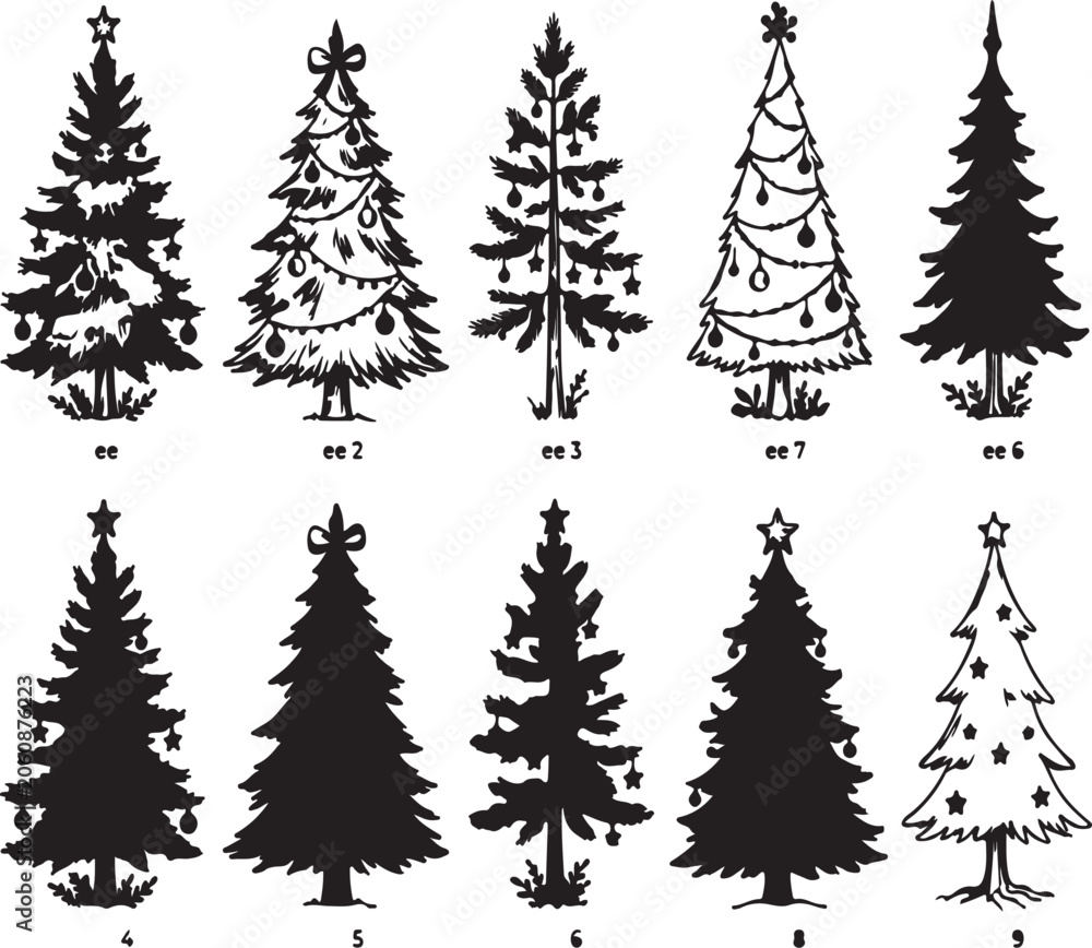 Obraz premium Set of Christmas Tree Icons and Silhouettes Vector Design EPS