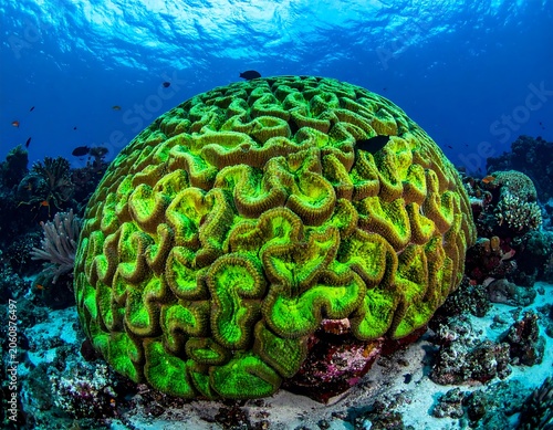 Vibrant green brain coral formation on a tropical coral reef underwater