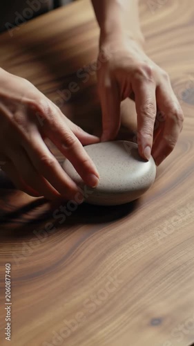 Gentle clean hands meticulously place a small minimalist ceramic object on a pristine dark brown natural wooden surface with bokeh background, meticulous craftsmanship and natural elegance concept