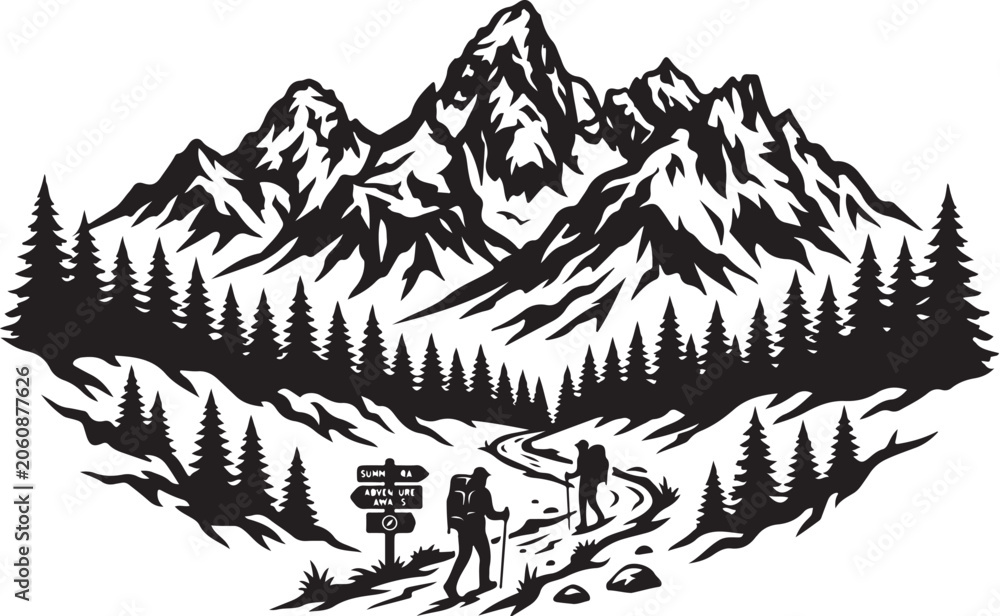 Fototapeta premium Mountain Forest Silhouette Vector