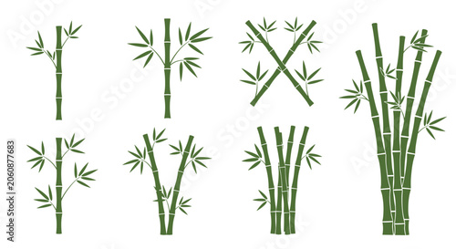Comprehensive set of green bamboo stalks and leaves icons illustrating various growth stages and arrangements for nature themed designs.
