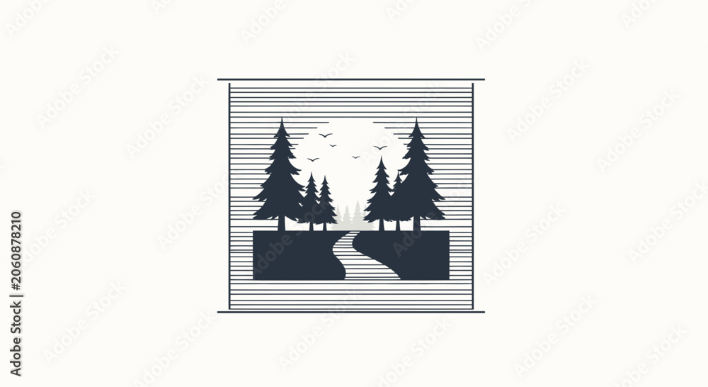 Fototapeta premium Minimalist Pine Forest Landscape with Moon and Birds Silhouette